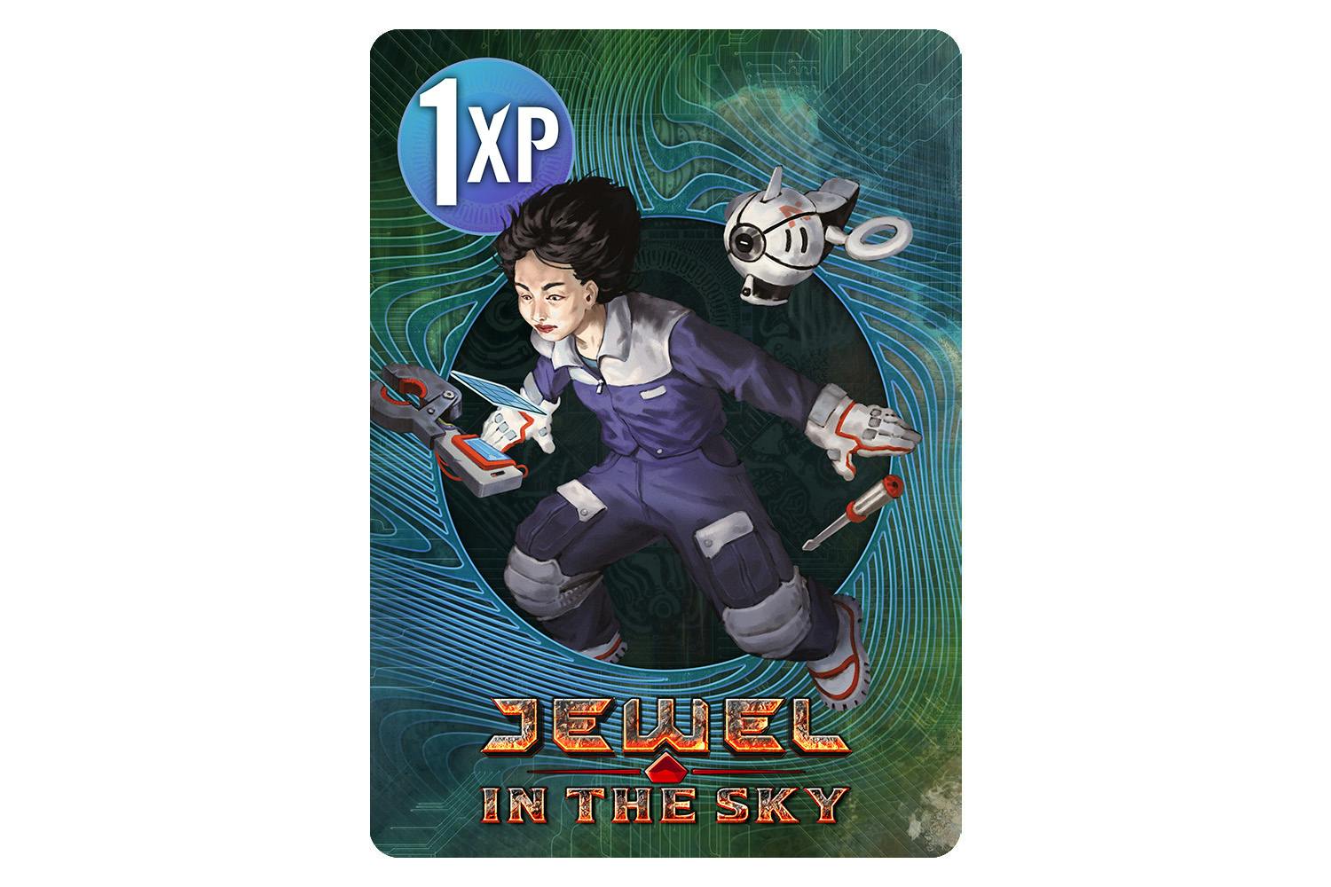 Mockup of a Cypher XP card featuring the Jewel in the Sky logo and an image of a sci-fi tech working on a high-tech device.