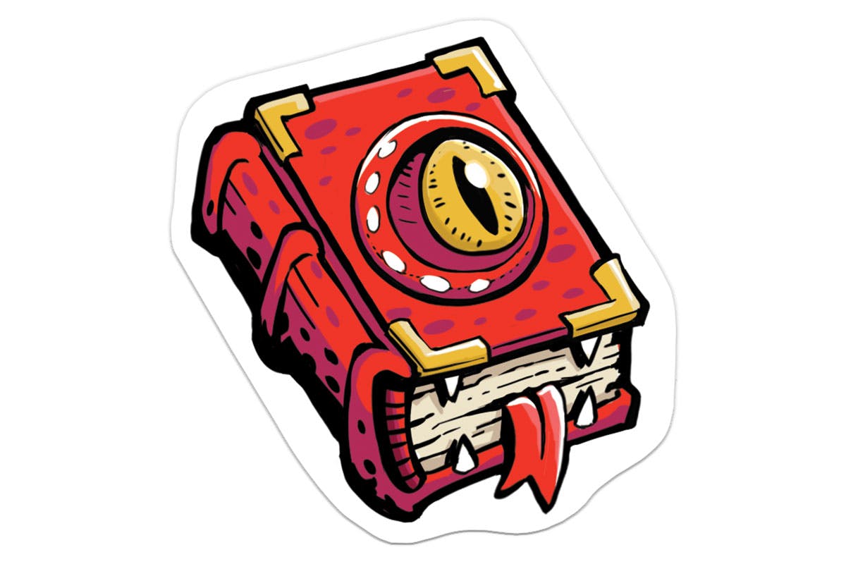 A mockup of the winning sticker design: a book with teeth, a bookmark tongue, and a single eye looking out from the Cypher logo bug on the book cover.