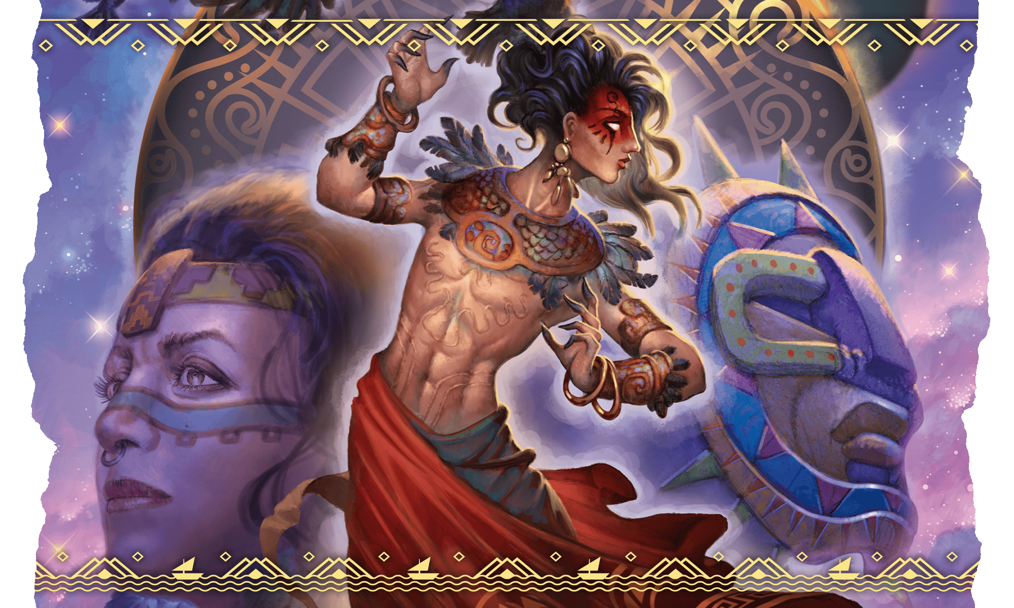 Illustration montage showing a man with ornate face paint and scarification, with the decorated face of a mystical looking mask.
