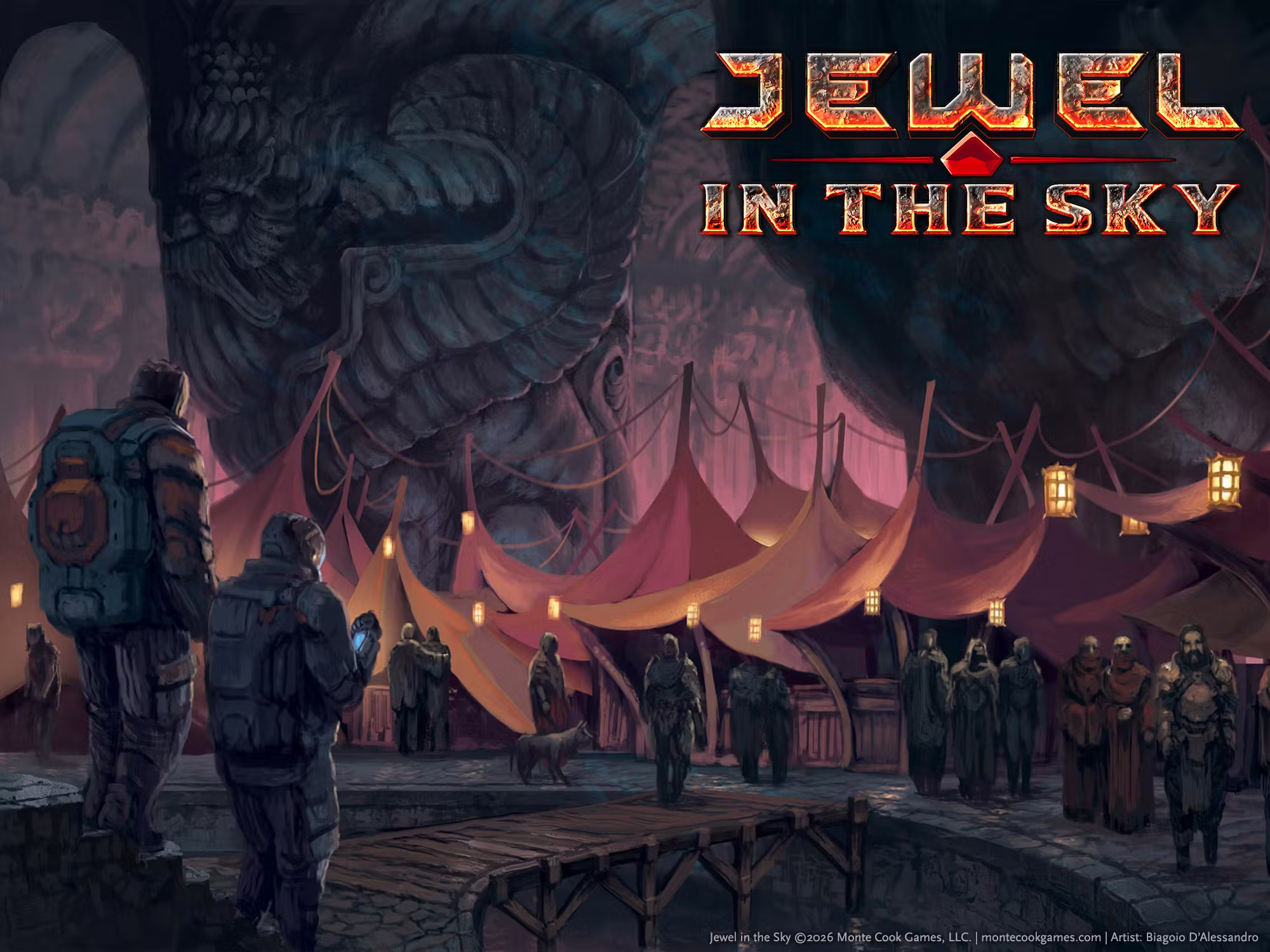 Illustration showing two sci-fi characters entering a large cave space. A group of fantasy characters, standing in front of a bunch of tents, waits to greet them.