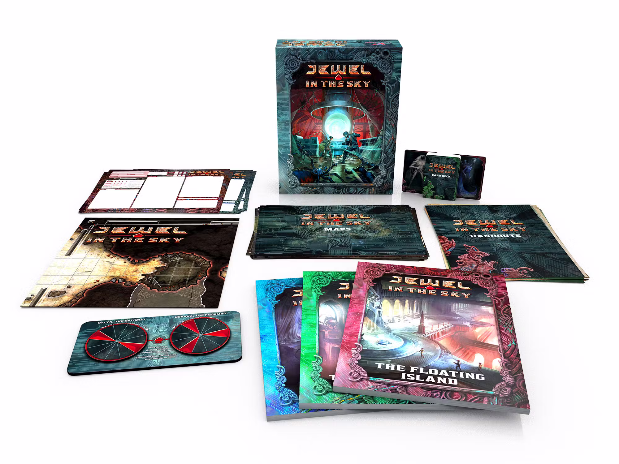 Mockup of the Jewel in the Sky boxed set, showing books, maps, cards, the Twin Clocks Timer, and other components.