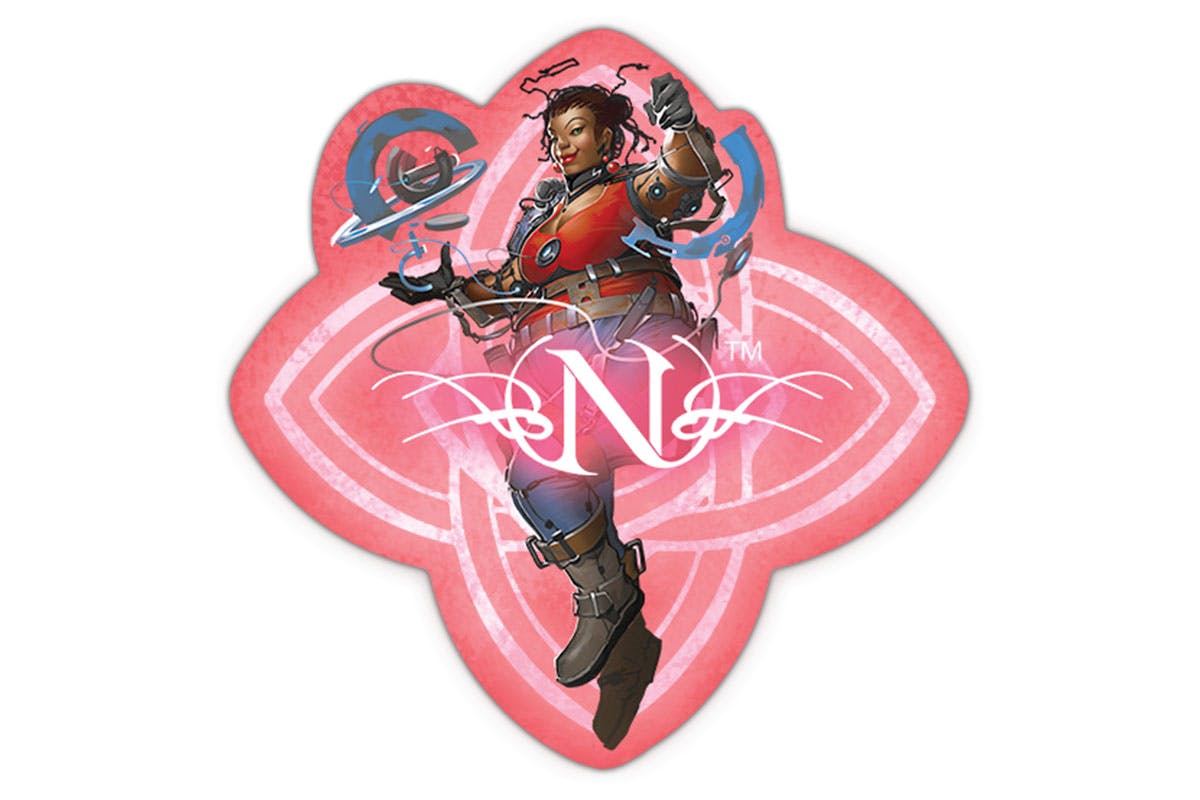 Mockup of a sticker showing a fantasy character wielding seemingly magical abilities, over the Order of Truth symbol and with a graphic "N" styled like the Numenera logo.