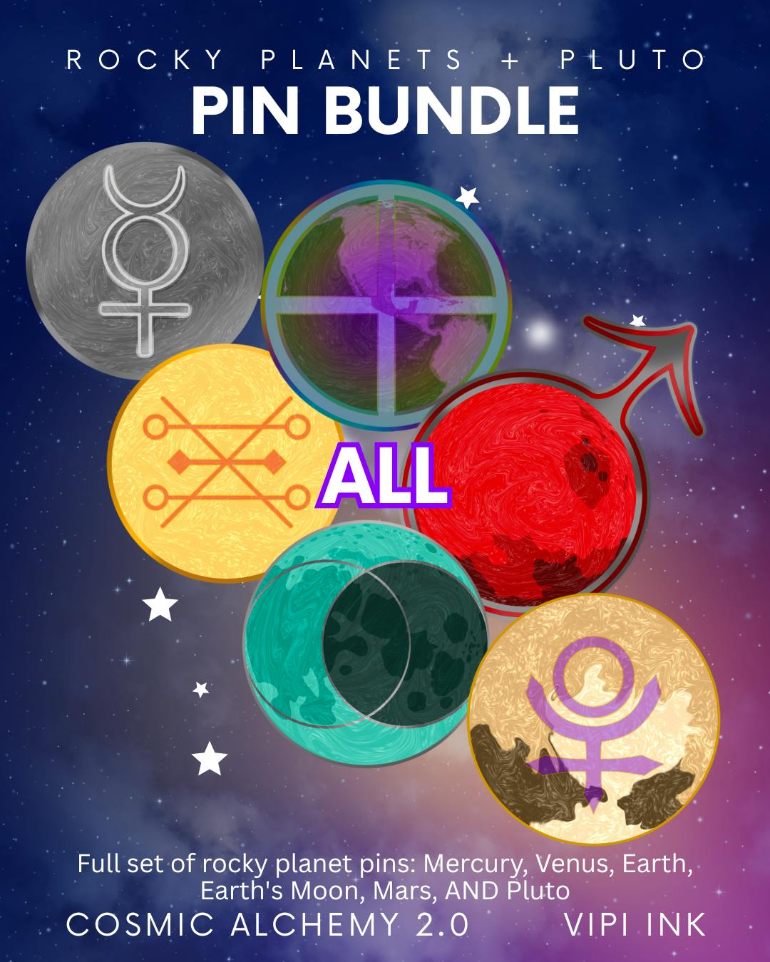 Rocky Planet (plus Pluto) Enamel Pin BUNDLE