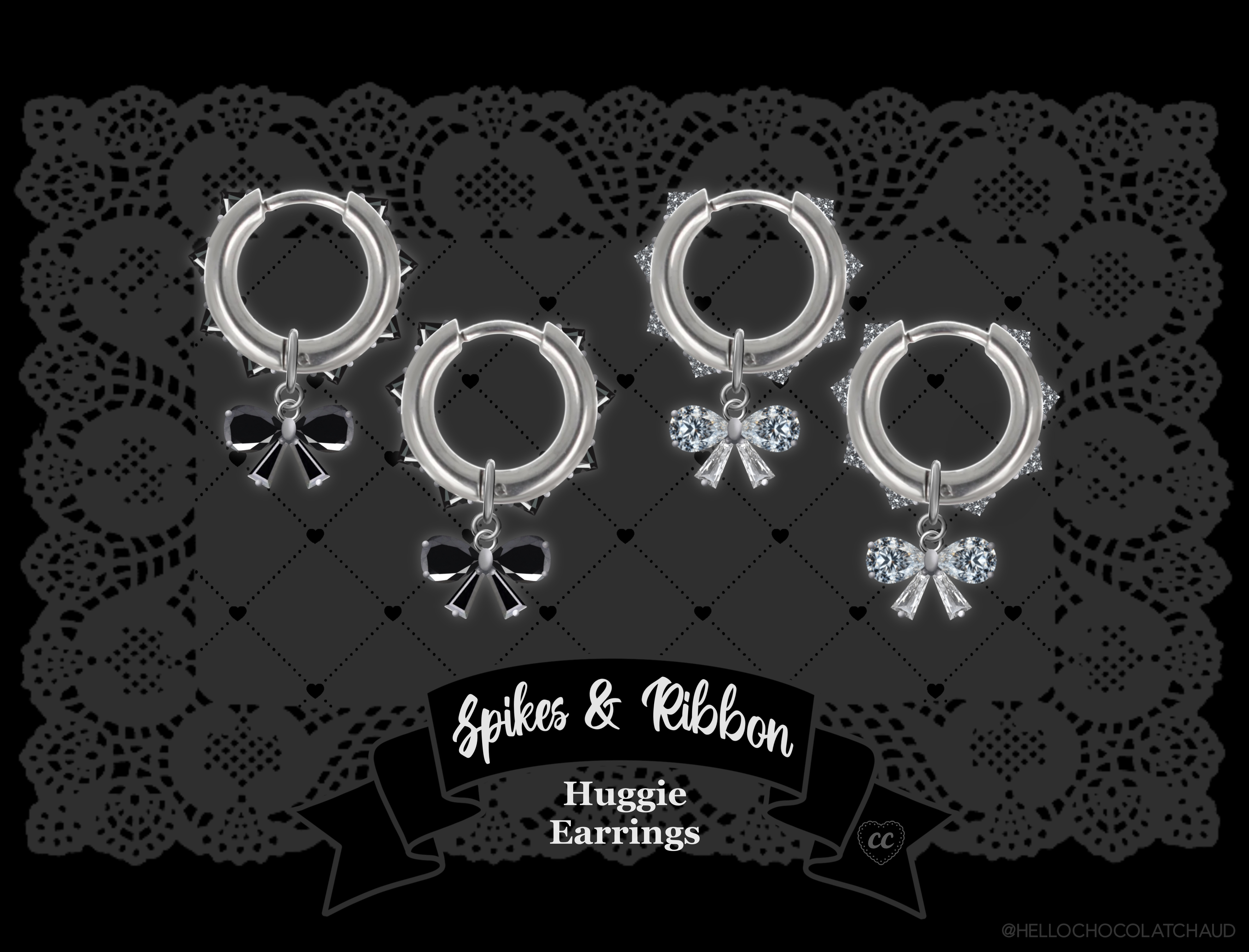 SET OF 2 PAIRS Spikes & Ribbon Huggie Earrings