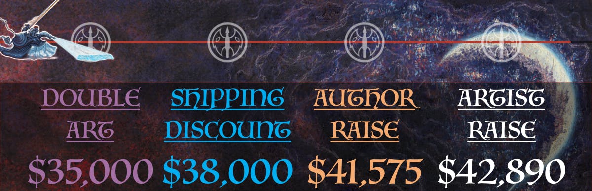  A stretch goal progress graphic showing the snail knight about to embark on a journey across the sky, along a line running through Double Art, Shipping Discount, an Author Raise, and an Artist Raise. 