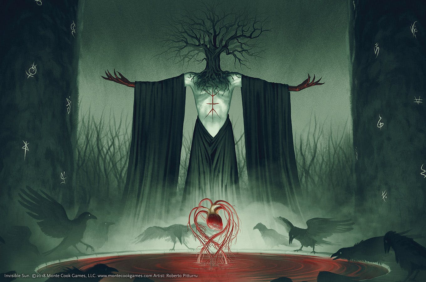 An illustration of a vislae with a tree for a head performing some kind of blood ritual.