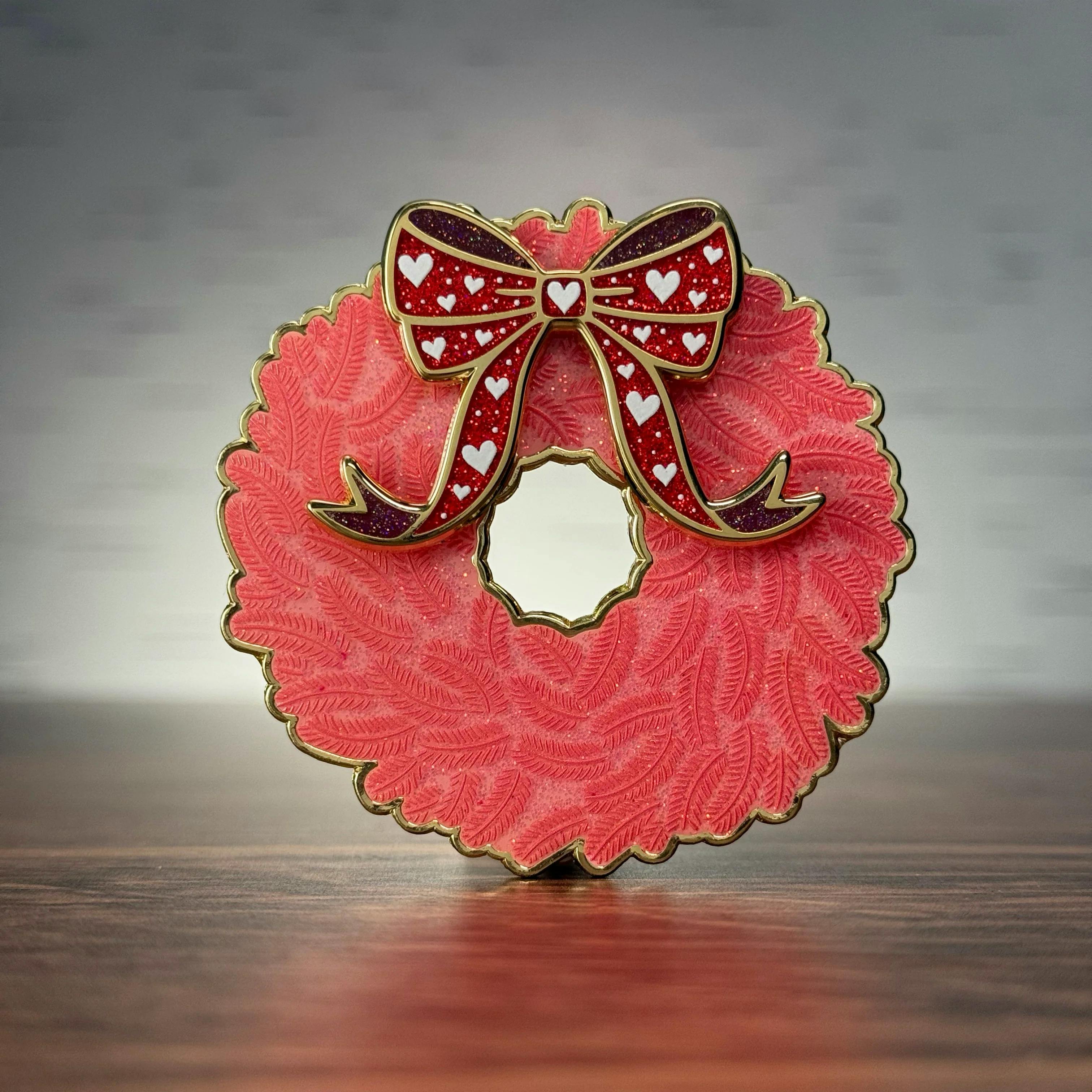Pink Magnetic Wreath Pin with Red Bow
