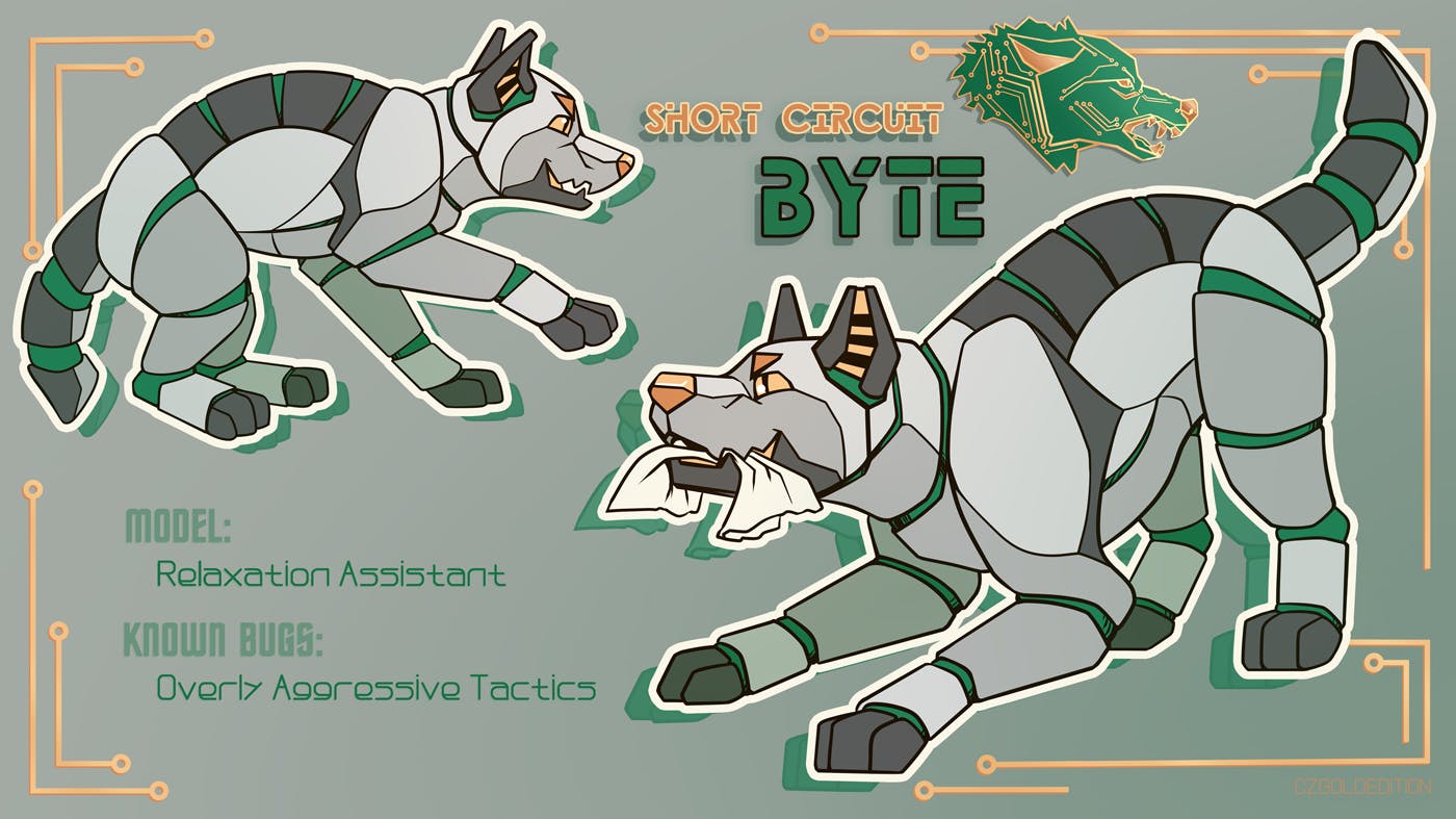 Character art sheet for Byte the wolf pup robot! Two illustrations of a little gray, green, and gold bot - one of Byte standing with a paw up, the other of her play-bowing with a crumpled piece of paper in her mouth. Next to the printed circuit board design associated with the robot it says: "Short Circuit Byte", and in the bottom left, "Model: Relaxation Assistant" and "Know Bugs: Overly Aggressive Tactics."