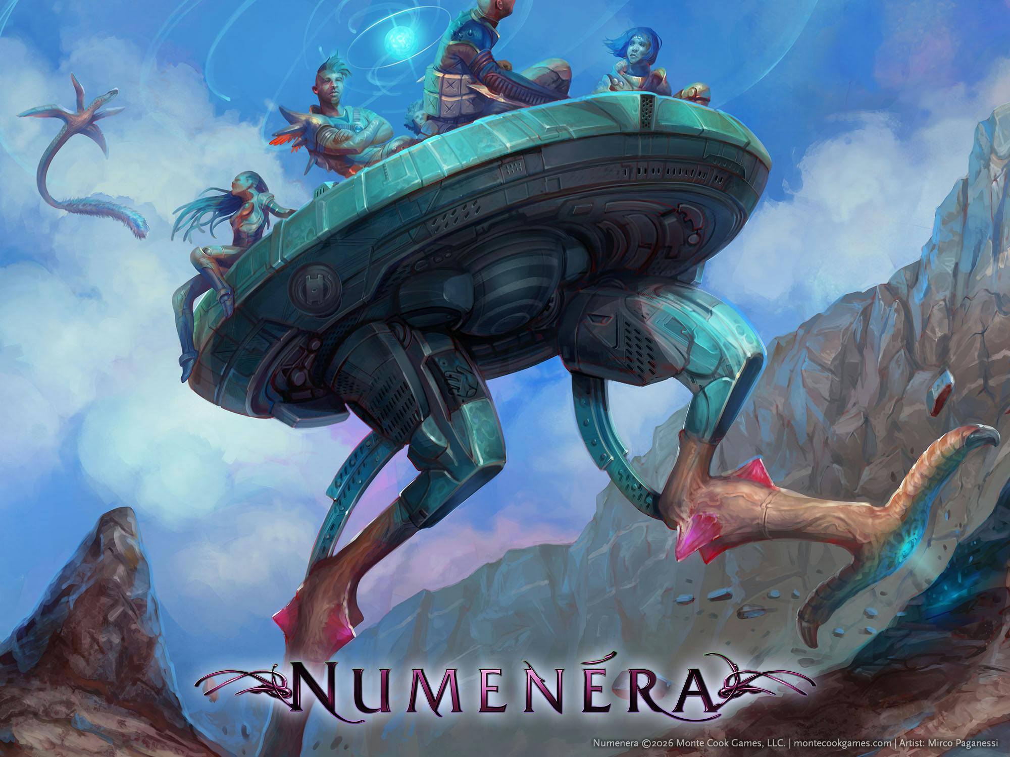 A semi organic, automaton disc with legs carries four adventurers across a rocky landscape 