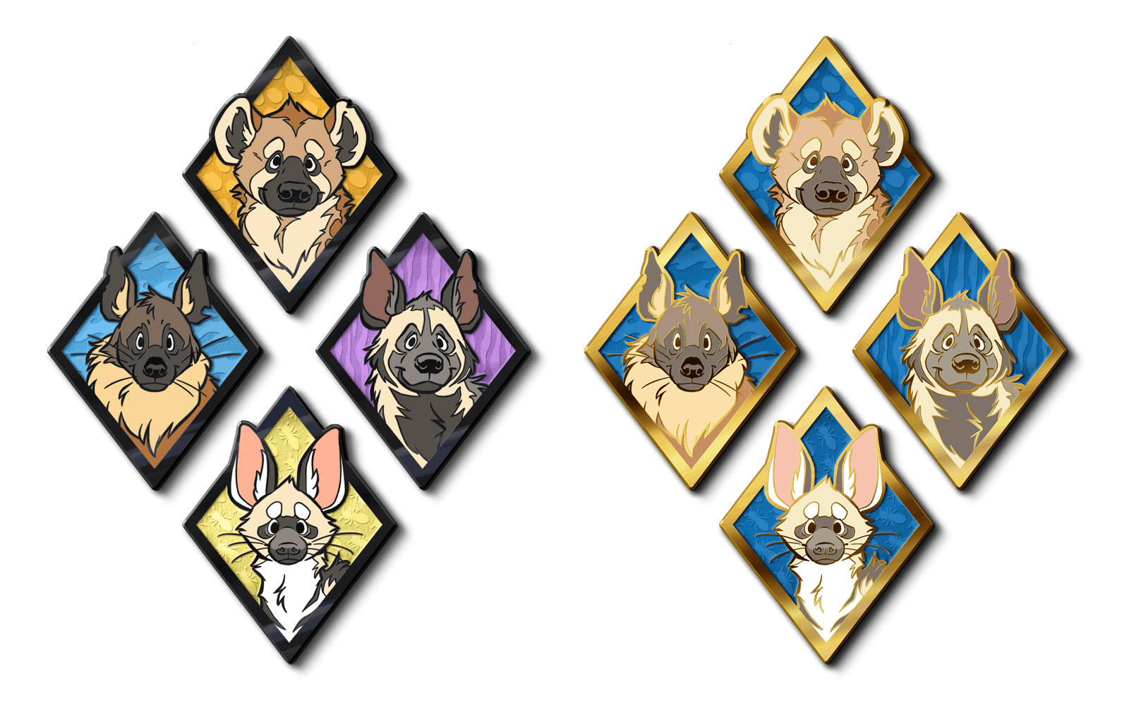 Two sets of four hyena portrait pins, on the left black nickel with orange, blue, purple and yellow backgrounds, to the right gold pins with blue backgrounds.