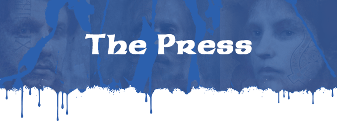 There is a new section header. It has the same composite blue dripping graphic as the first section. White text on top of the blue reads, The Press.
