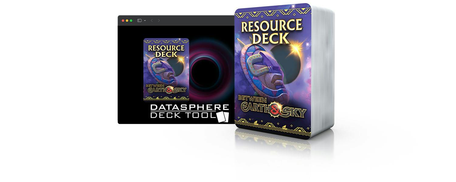 An illustration showing the Resource Deck in physical form, as well as in digital form on the Datasphere Deck Tool.