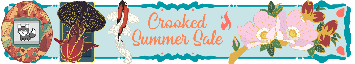 crooked summer sale banner with nature inspired enamel pinshttps://www.backerkit.com/c/projects/kage-davies/crooked-summer-sale/launch_party
