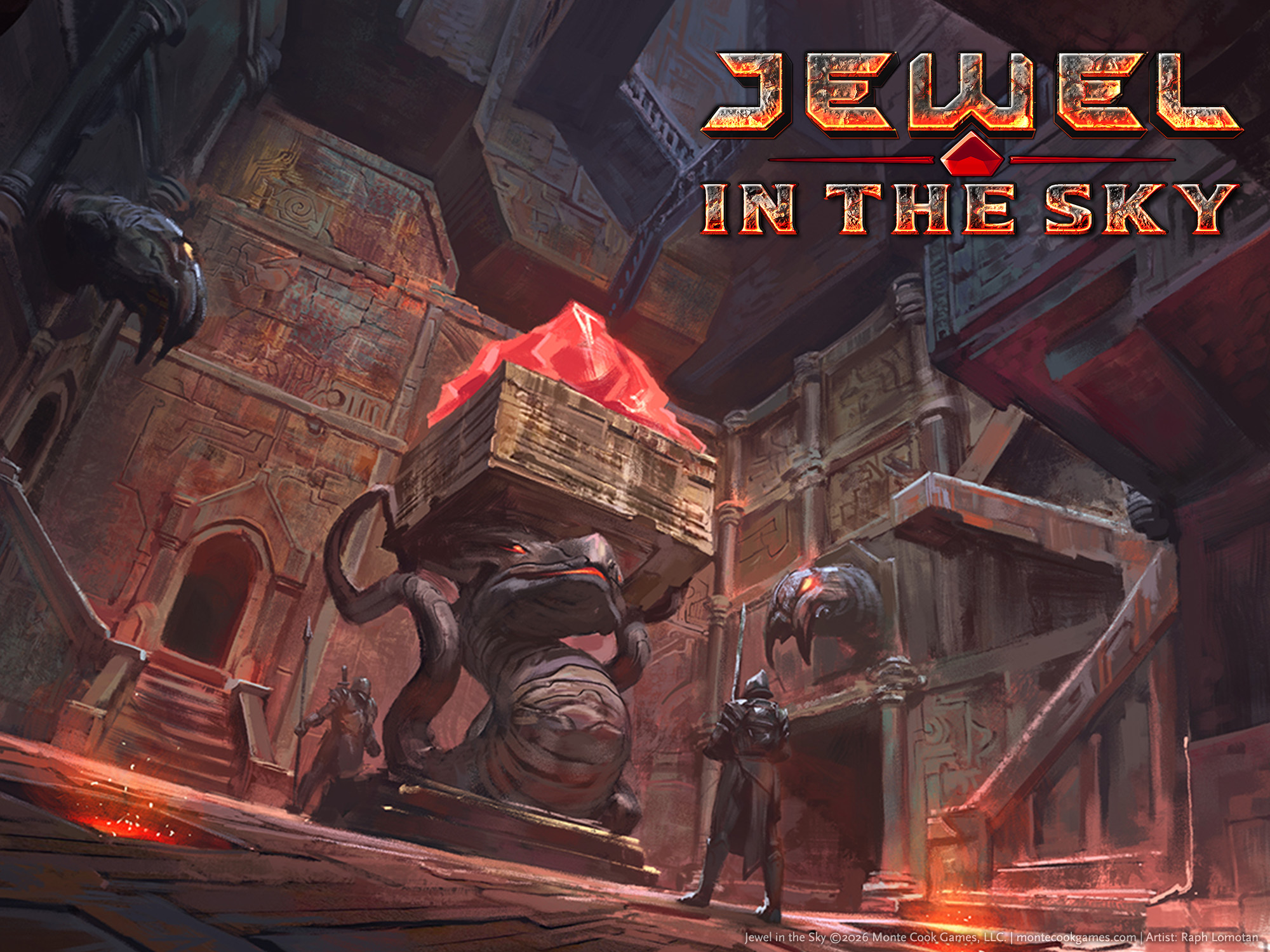 Illustration showing an underground chamber.An alter-like structure is supported by a statue of a lizard creature. Stairs ascend into the heights above.
