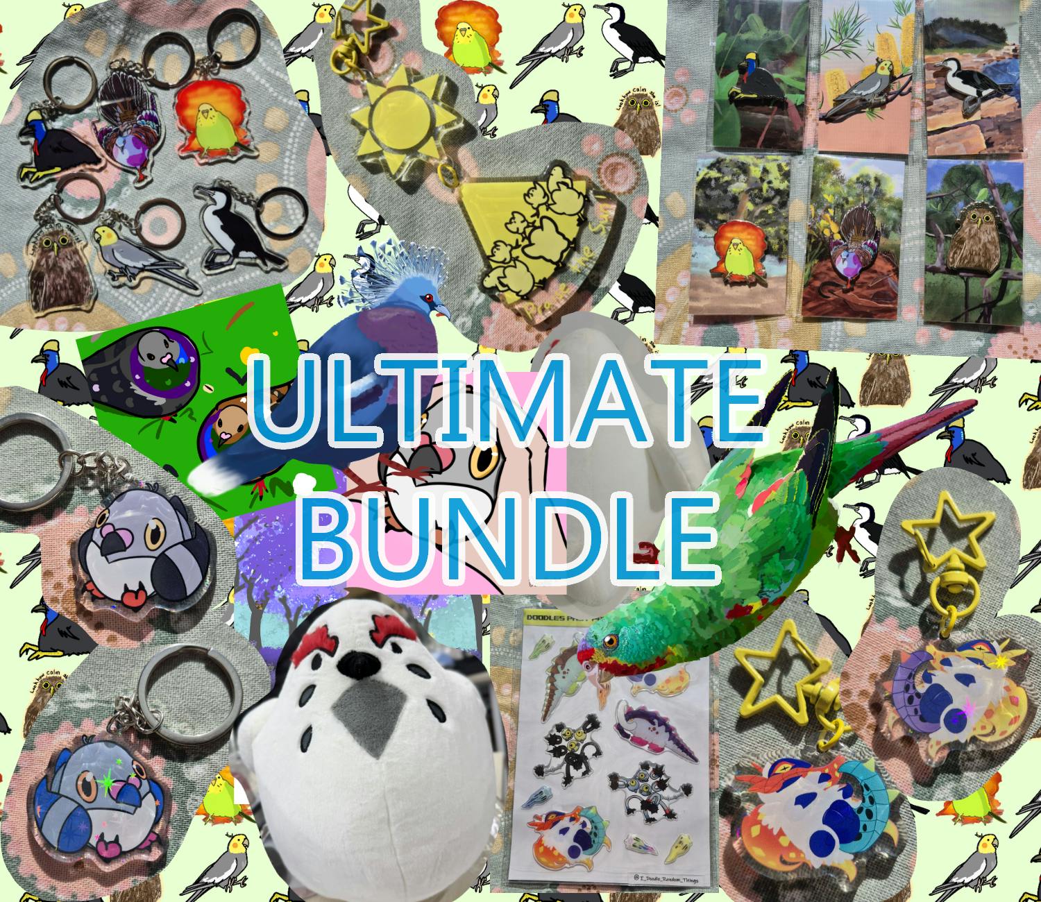 ULTIMATE BUNDLE: 8 Pins, 11 Keychains, Big Awebo Plush, 7 postcards, 3 10 x 10 cm Prints