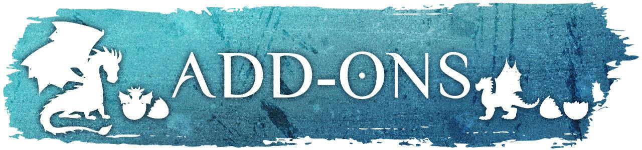 A brushstroke in blue-washed gradient, bearing a white silhouetted dragon and the title "Add-Ons"