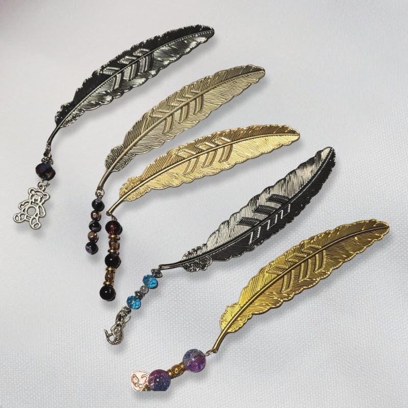 metal feather bookmark with charms