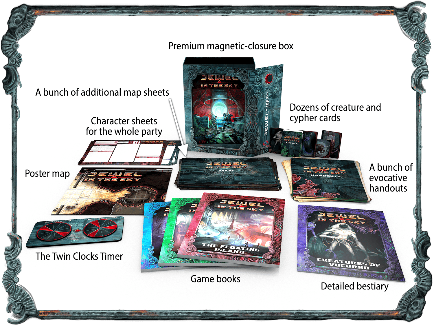 Mockup of the Jewel in the Sky boxed set showing the upgraded premium magnetic-closure box and the bestiary, along with the books, maps, cards, handouts, poster map, and other components.