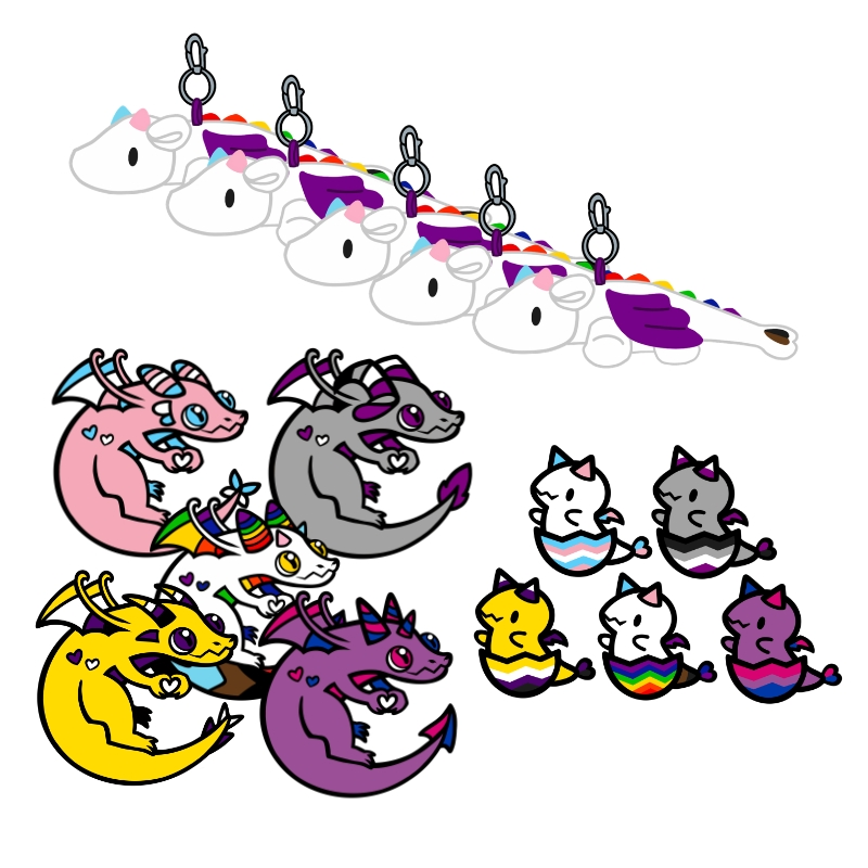 Five Dragon Pins & Five Hatchling Mini Pins & Five Charm Plushies