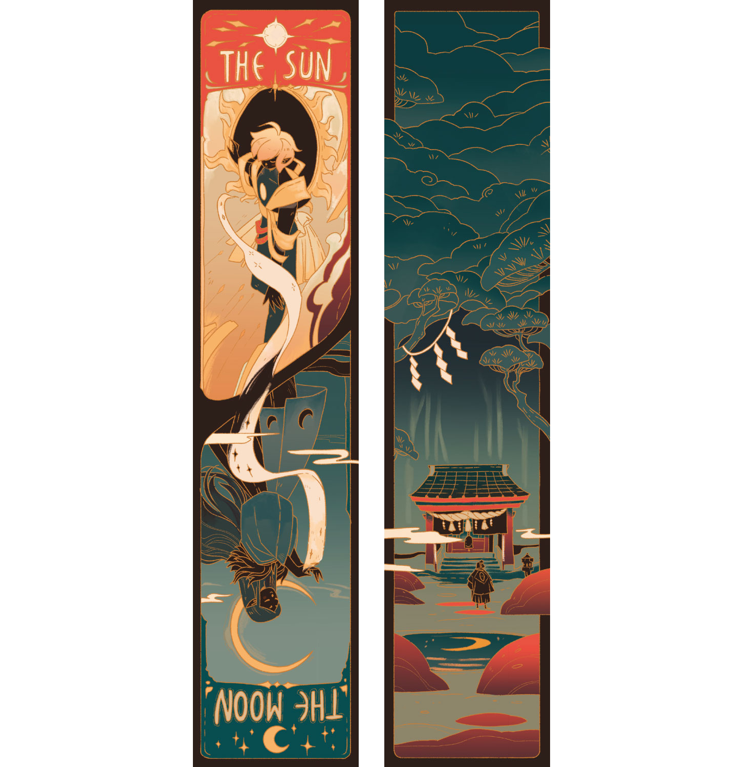 Preview of the bookmark's front and back, with two kami on the front and a person approaching a woodland shrine on the back