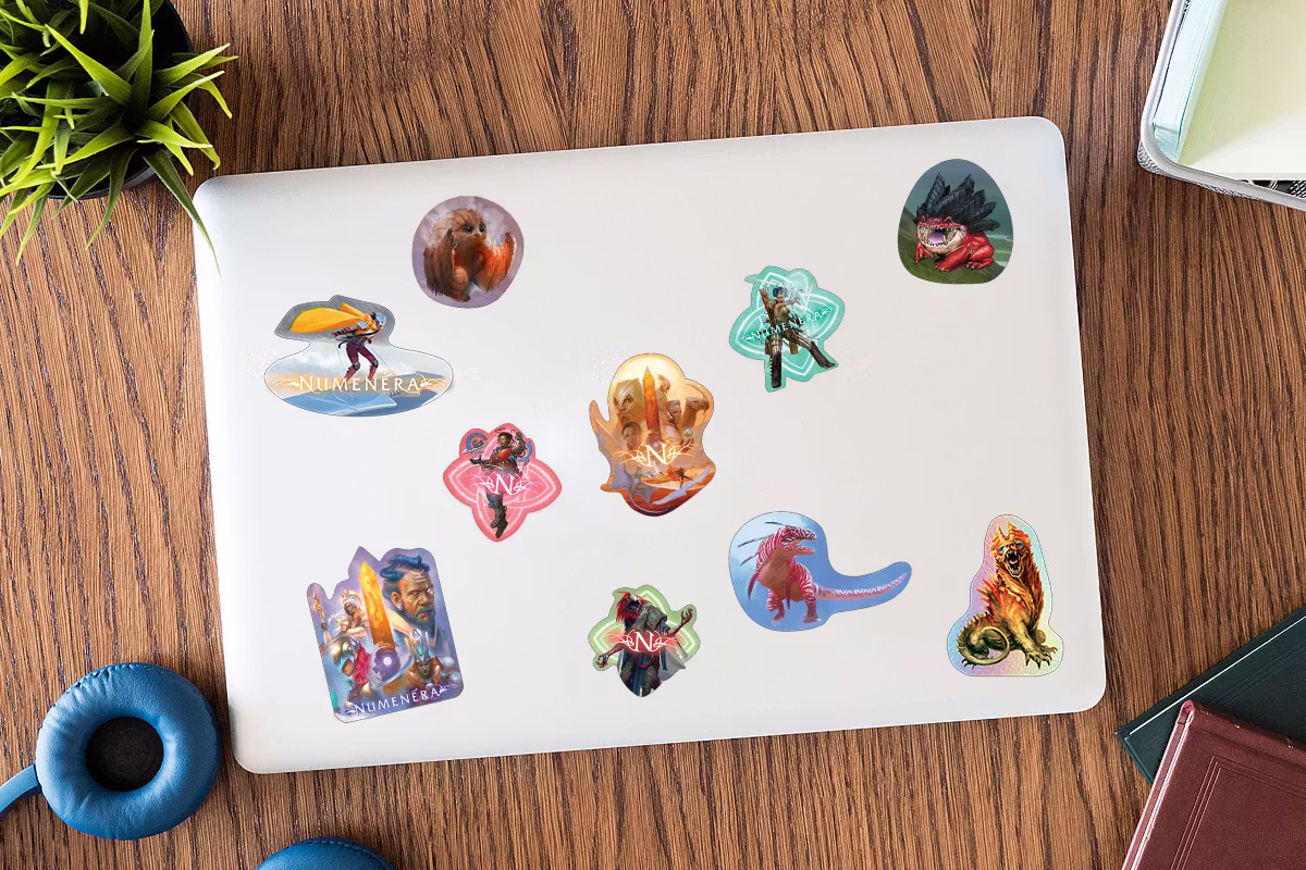 Mockup of a laptop with the unlocked stickers on it.