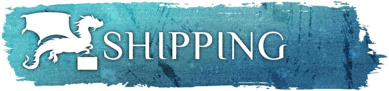 A brushstroke in blue-washed gradient, bearing a white silhouetted dragon carrying a box and the title "Shipping"