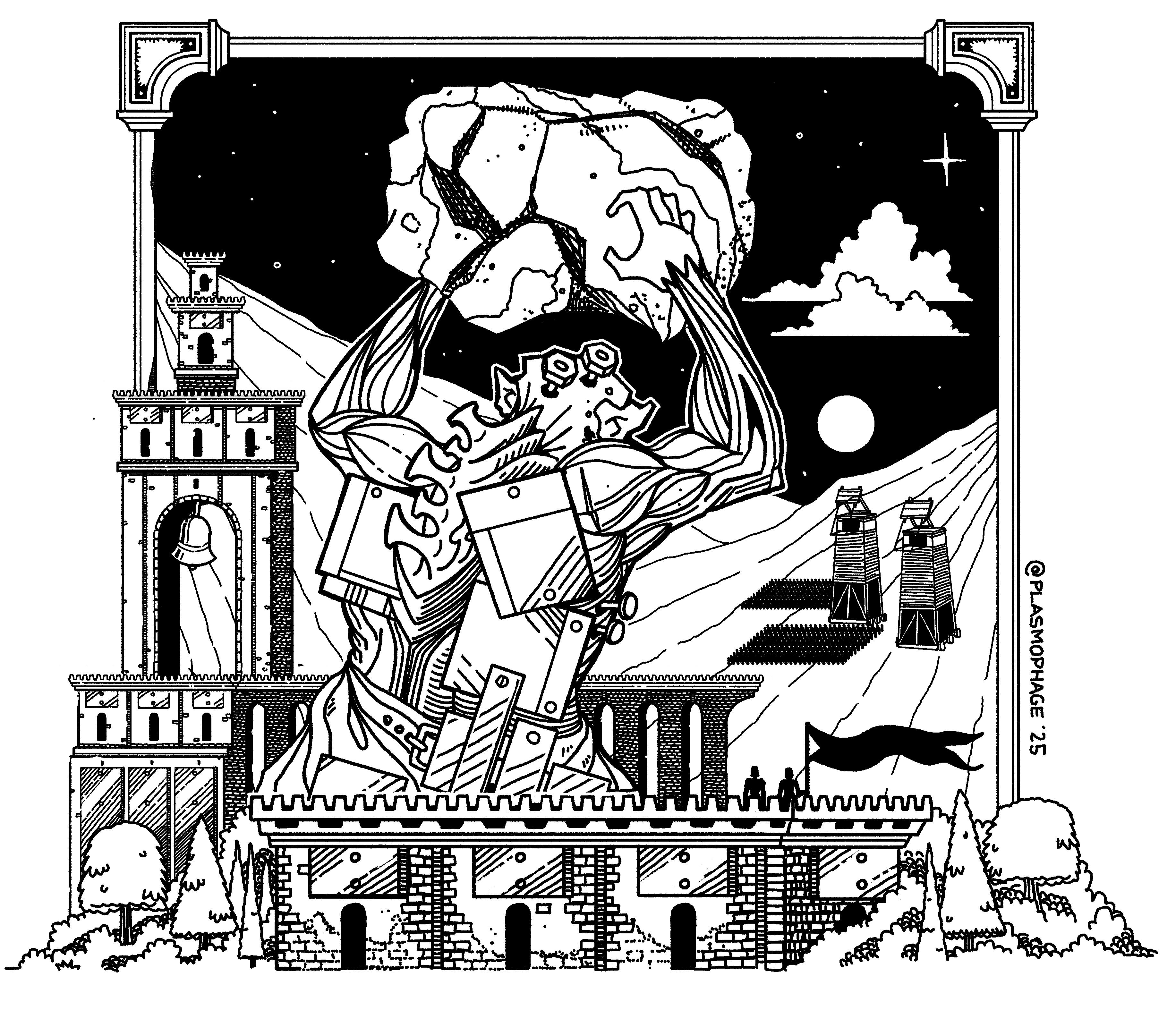 A giant creature bolted together from metal plates, bones, and muscles prepares to hurl a boulder over a wall at oncoming siege towers and soldiers marching in formation. Two silhouettes look on from a battlement. 