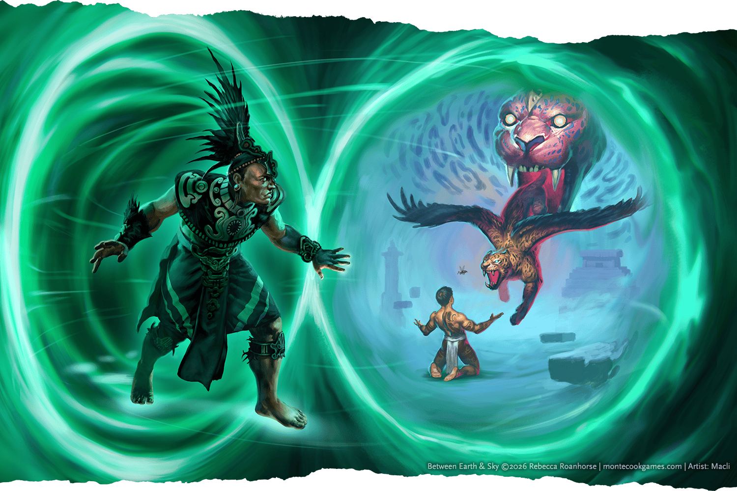 A dreamwalker moves into the dreams of another character, whose dreams include a winged jaguar emerging from the mouth of a huge jaguar-like god.