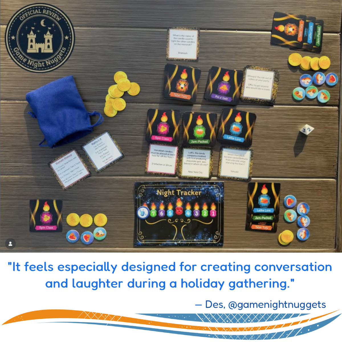 Photo of game in action, with review excerpt: "It feels especially designed for creating conversation and laughter during a holiday gathering." —Des, @gamenightnuggets