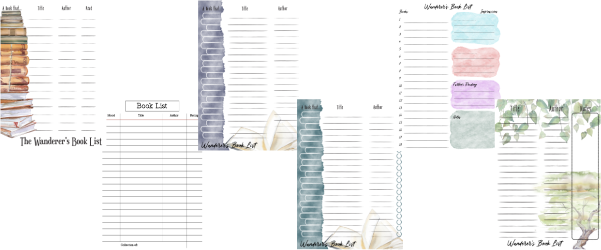  an image with different designs of book list pages staggered across the screen, the left most has a pile of watercolour books in brown hues on one side and lines for title, author and date read. The second is mocked up to look like a library book card, with space for mood, title, author and rating. The third and fourth are two variations with a watercolour swash downthe left and an outline of a pile of books allowing for filling in the books vibe, then titel and author with the fourth having circles for checking off or rating the books. The third has numbers and a single column for the book title and author on the left, with the right side having some watercolour boxes for impressions, two of which are open for you to decide the heading, the latter two are titled Further reading and Notes. The rightmost and final page has watercolour vines hanging down and a tree coming up from the bottom right, it has sections for Title, Author and a box for Notes. 