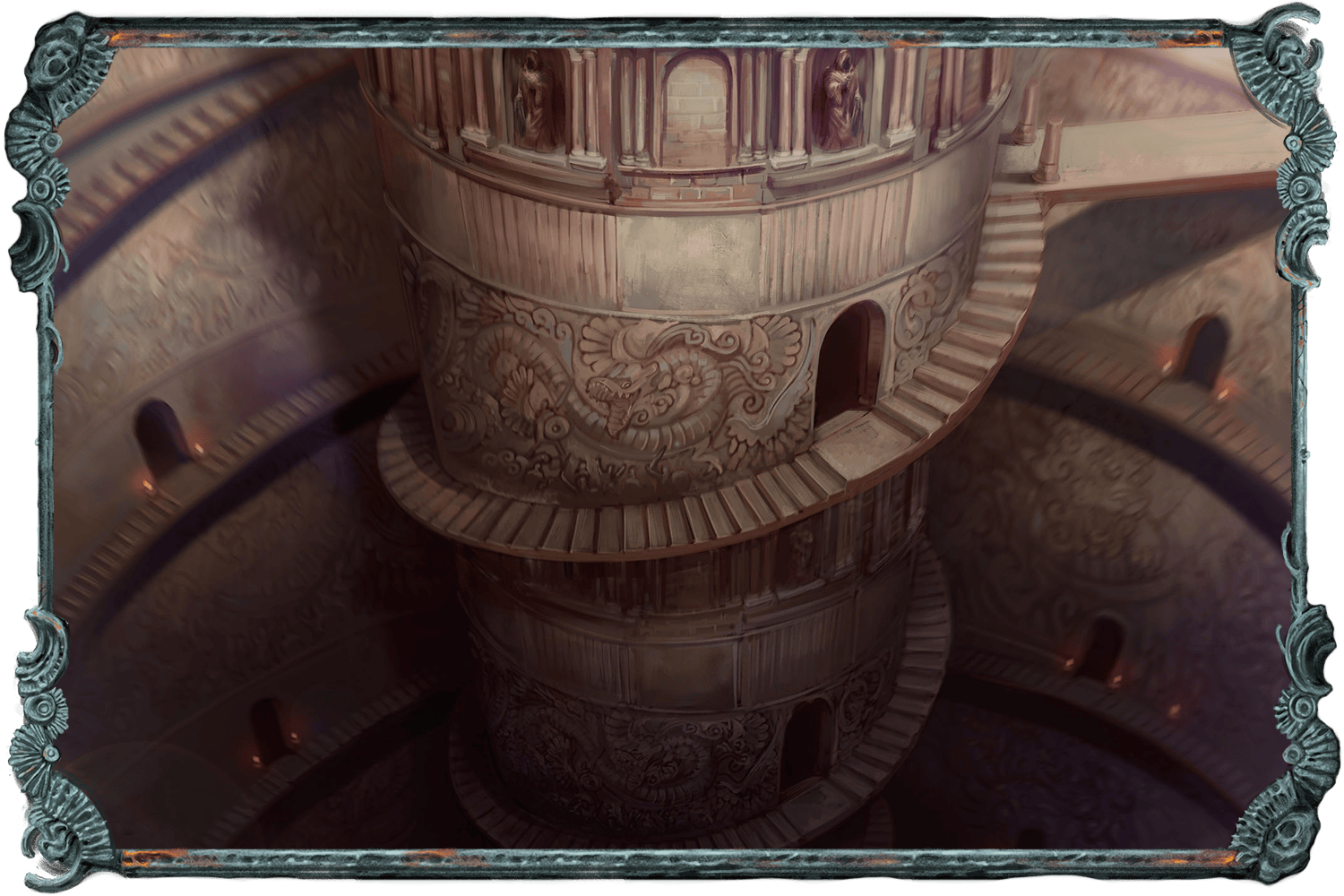 An illustration showing large column with spiral stairs set into a round shaft. The stairs descend down into the darkness.