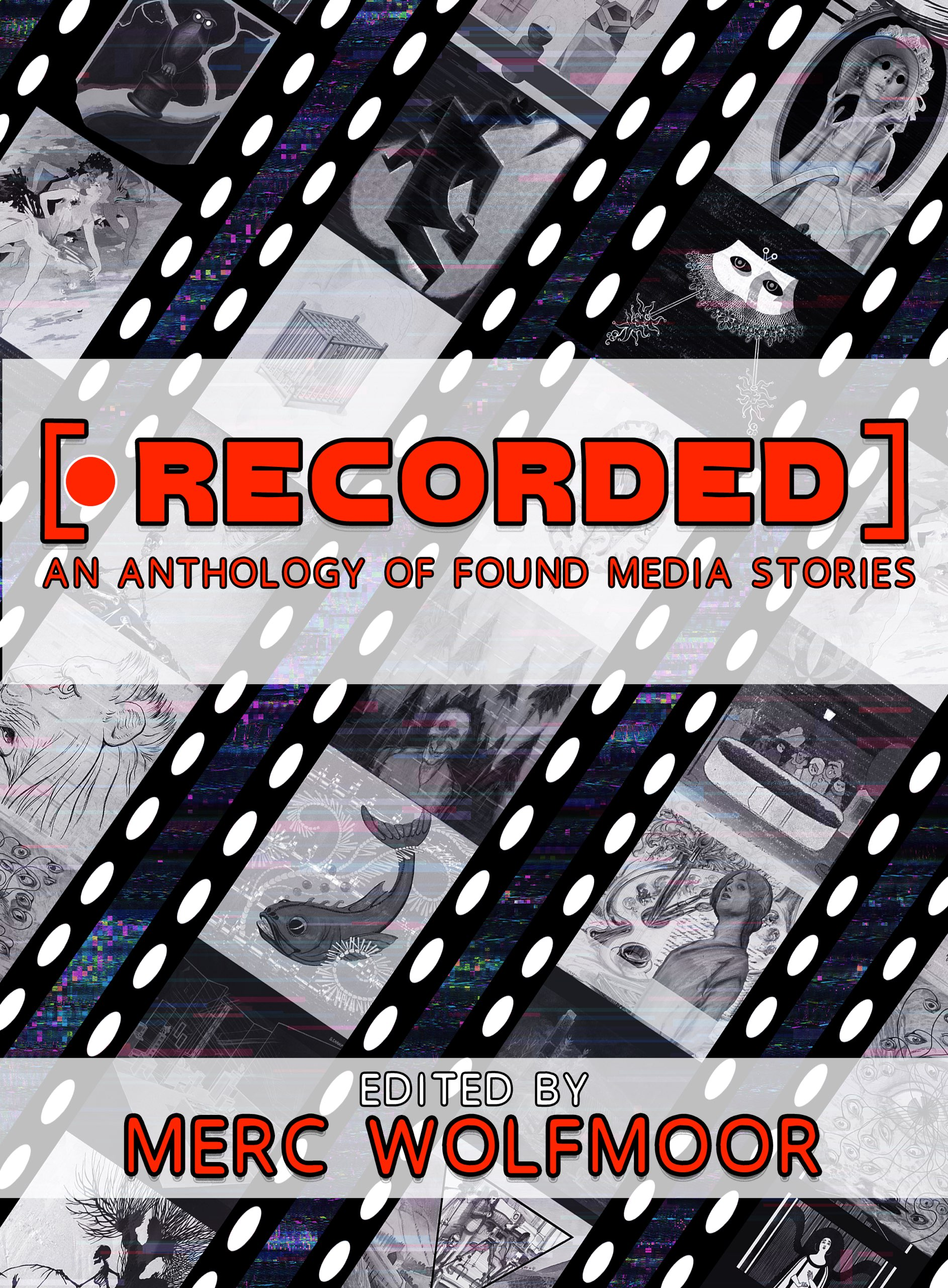 a series of film cels in black and white strips diagonally across a tracking static background, with the title and subtitle in red text)