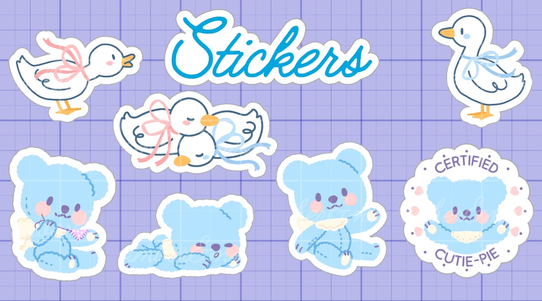 Seven different sticker designs, four of  which feature Doily and the other three are of the two geese