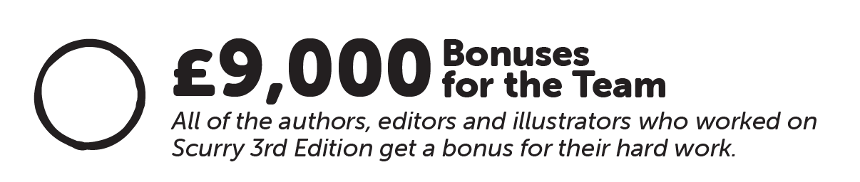 £9000; Bonuses for the Team. All of the authors, editors and illustrators who worked on Scurry 3rd Edition get a bonus for their hard work. 