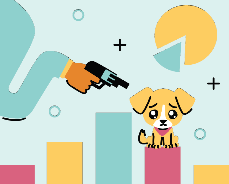 Corporate art of a sad puppy standing on one of the bars of a bar graph. A gun is pointed at his head!