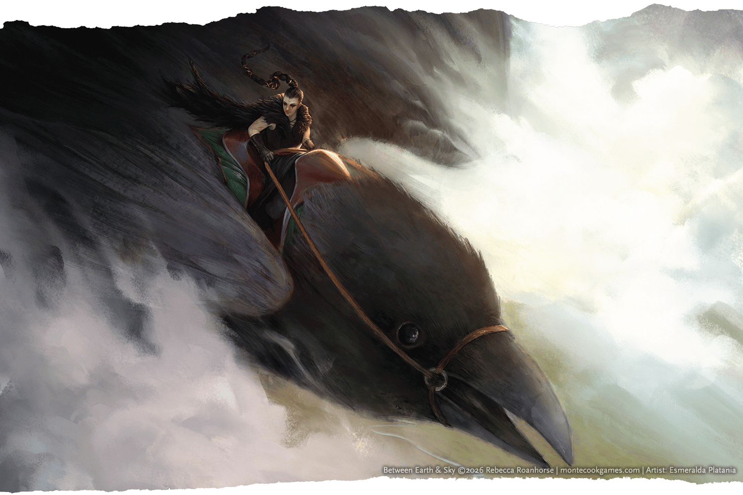 An illustration showing a character riding a giant crow.