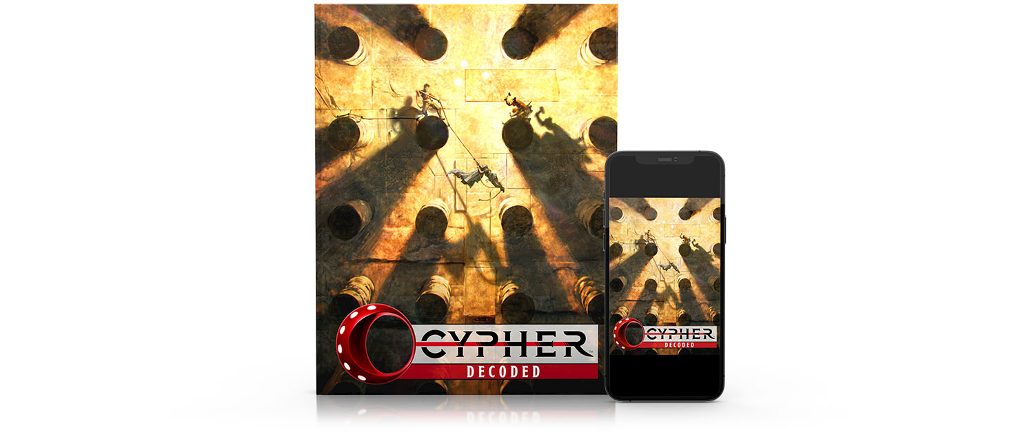 Image of Cypher Decoded as hardcover book and on a phone as PDF.