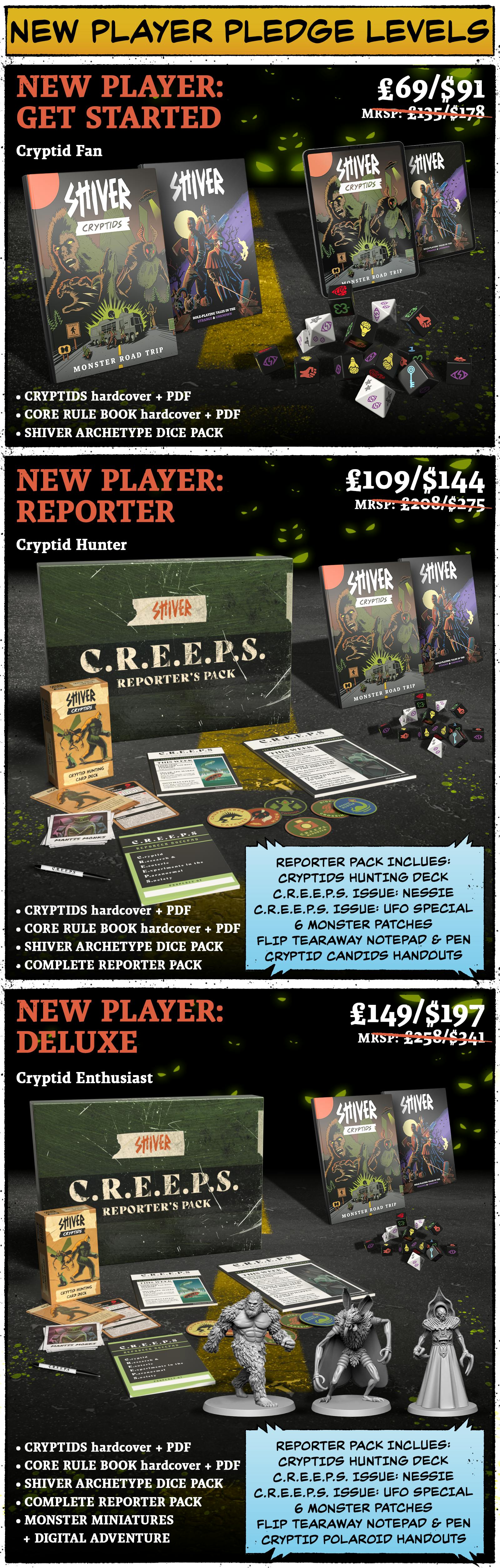 New Player Pledge Levels New Player: Get Started Pledge Price: £69 / $91 Pledge Contains: SHIVER Cryptids hardcover + PDF SHIVER Core Rulebook PDF SHIVER Archetype Dice Pack  New Player: Reporter Pledge Price: £109 / $144 Pledge Contains: SHIVER Cryptids hardcover + PDF SHIVER Core Rulebook PDF SHIVER Archetype Dice Pack Complete Reporter Pack: Includes Cryptids Hunting Deck, C.R.E.E.P.S Issue: NESSIE, C.R.E.E.P.S Issue: UFO Special, 6 Monster Patches, CREEPS flip tearaway notepad & pen, Cryptid Candid Handouts  New Player: Deluxe Pledge Price: £149 / $197 Pledge Contains: SHIVER Cryptids hardcover + PDF SHIVER Core Rulebook PDF SHIVER Archetype Dice Pack Complete Reporter Pack: Includes Cryptids Hunting Deck, C.R.E.E.P.S Issue: NESSIE, C.R.E.E.P.S Issue: UFO Special, 6 Monster Patches, CREEPS flip tearaway notepad & pen, Cryptid Candid Handouts Monster Miniatures + Digital Adventure 