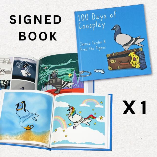 100 days of Coosplay illustrated book showing Fred the pigeon cosplaying as lots of different things and people. Example pages show him cosplaying as a unicorn, genie, robby the robot and the bride of Frankenstein.https://www.backerkit.com/c/projects/loadofolbobbins/loadofolbobbins-holiday-shop