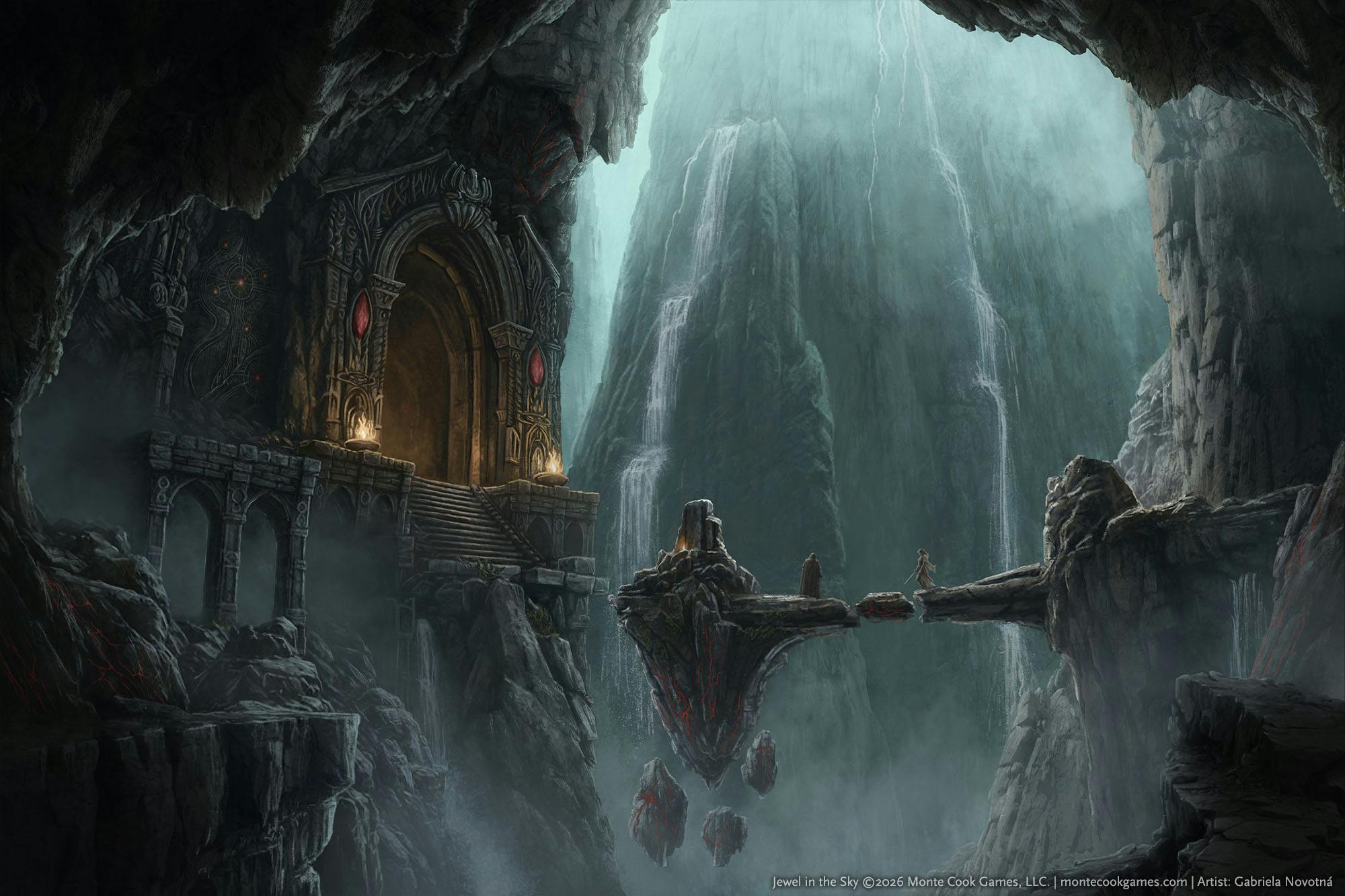 A massive underground cavern, complete with a floating stone walkway, waterfalls, and a dungeon door carved into the side of the cave in an art deco style.