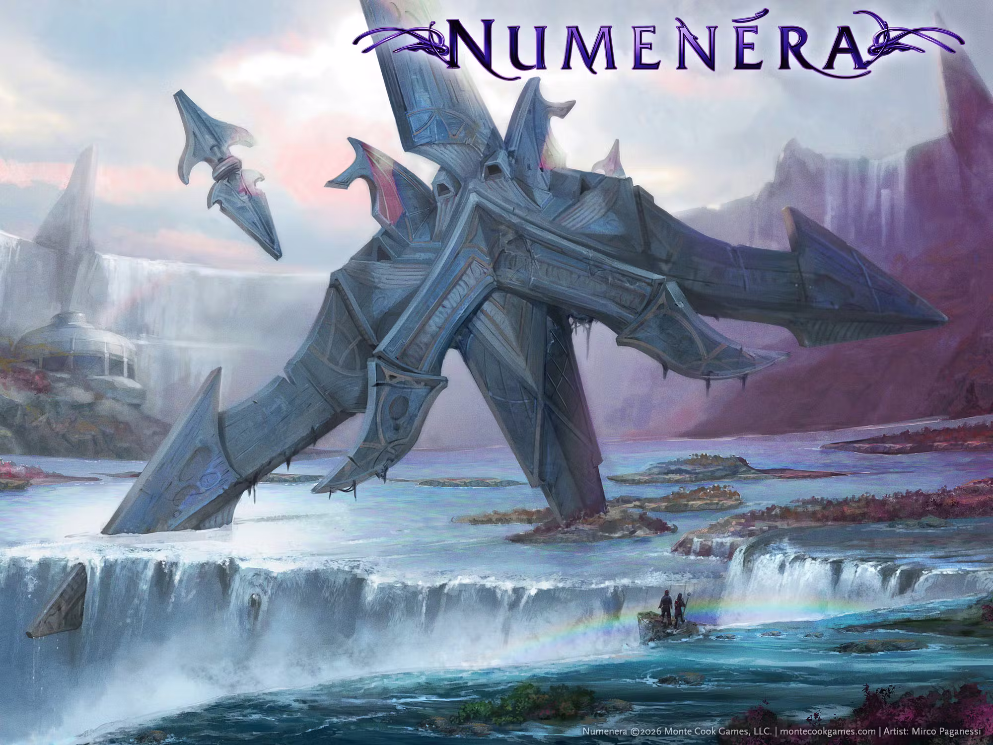 Image with the Numenera logo, showing a waterfall straddled by a gigantic structure that seems to have fallen from the sky; related components hang in the air nearby.
