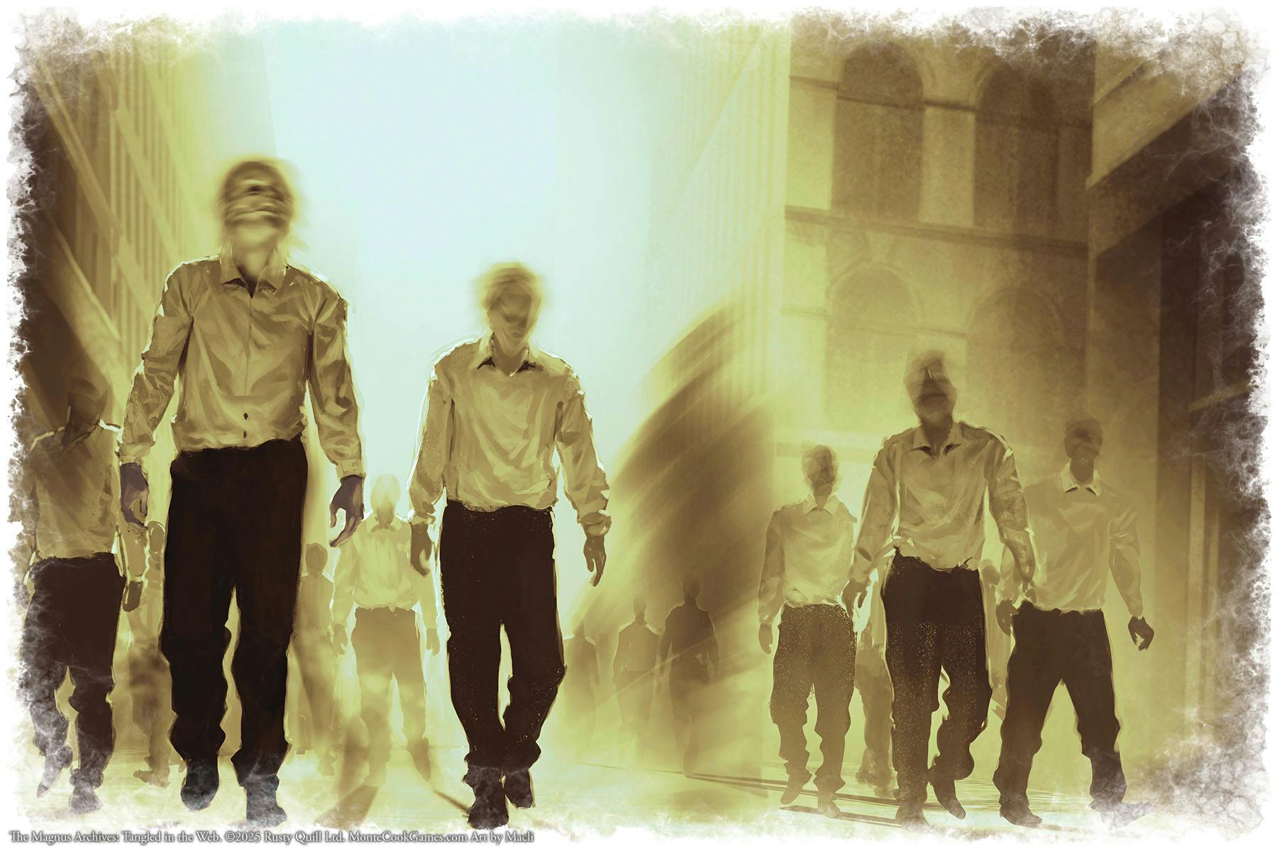 An image of a group of people all dressed the same. Every one of them has a blurry face.