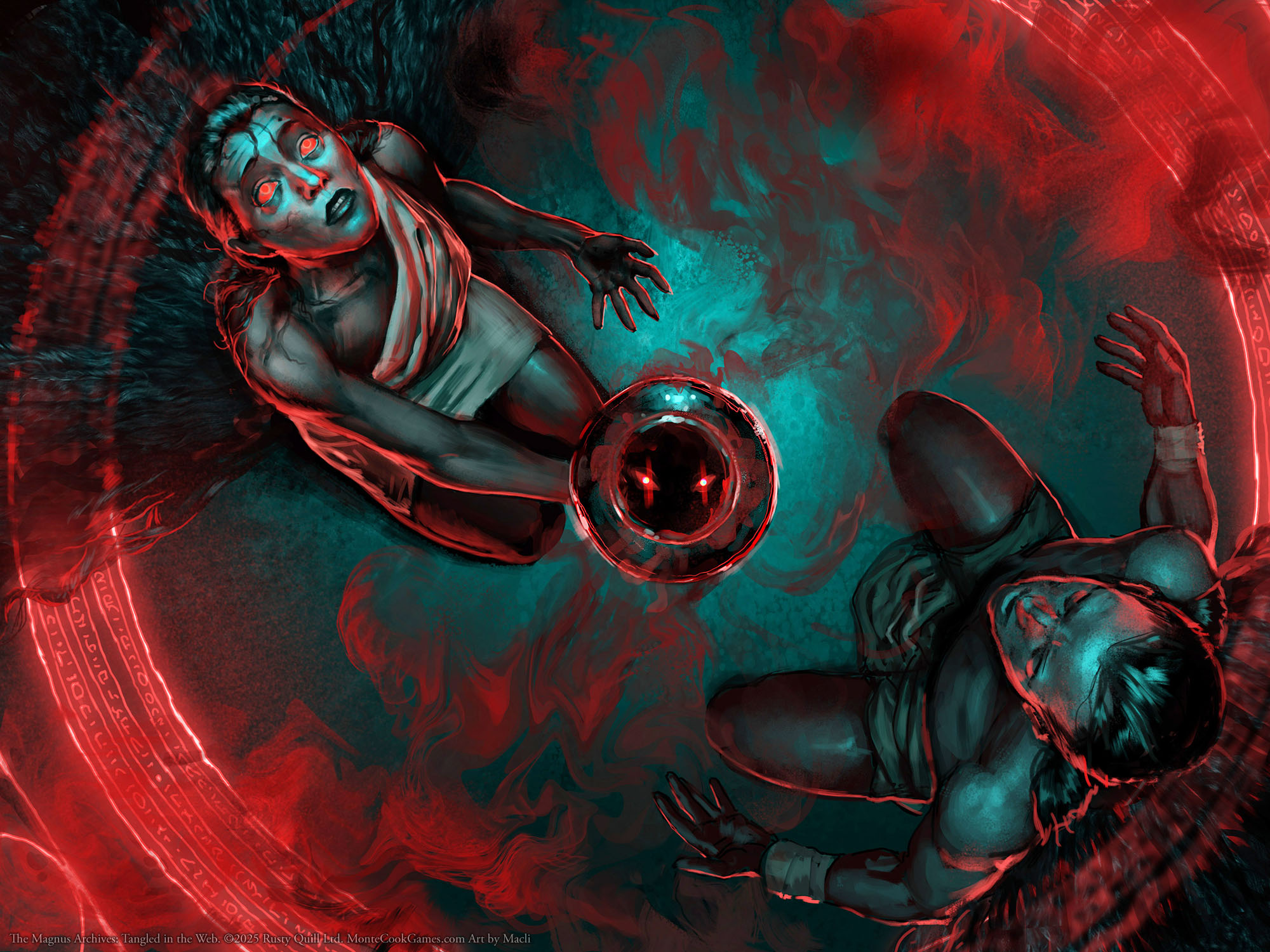 Two people are engaged in what looks to be an occult ritual. The floor beneath them is fading into a hellish realm, with arms visible reaching for them.