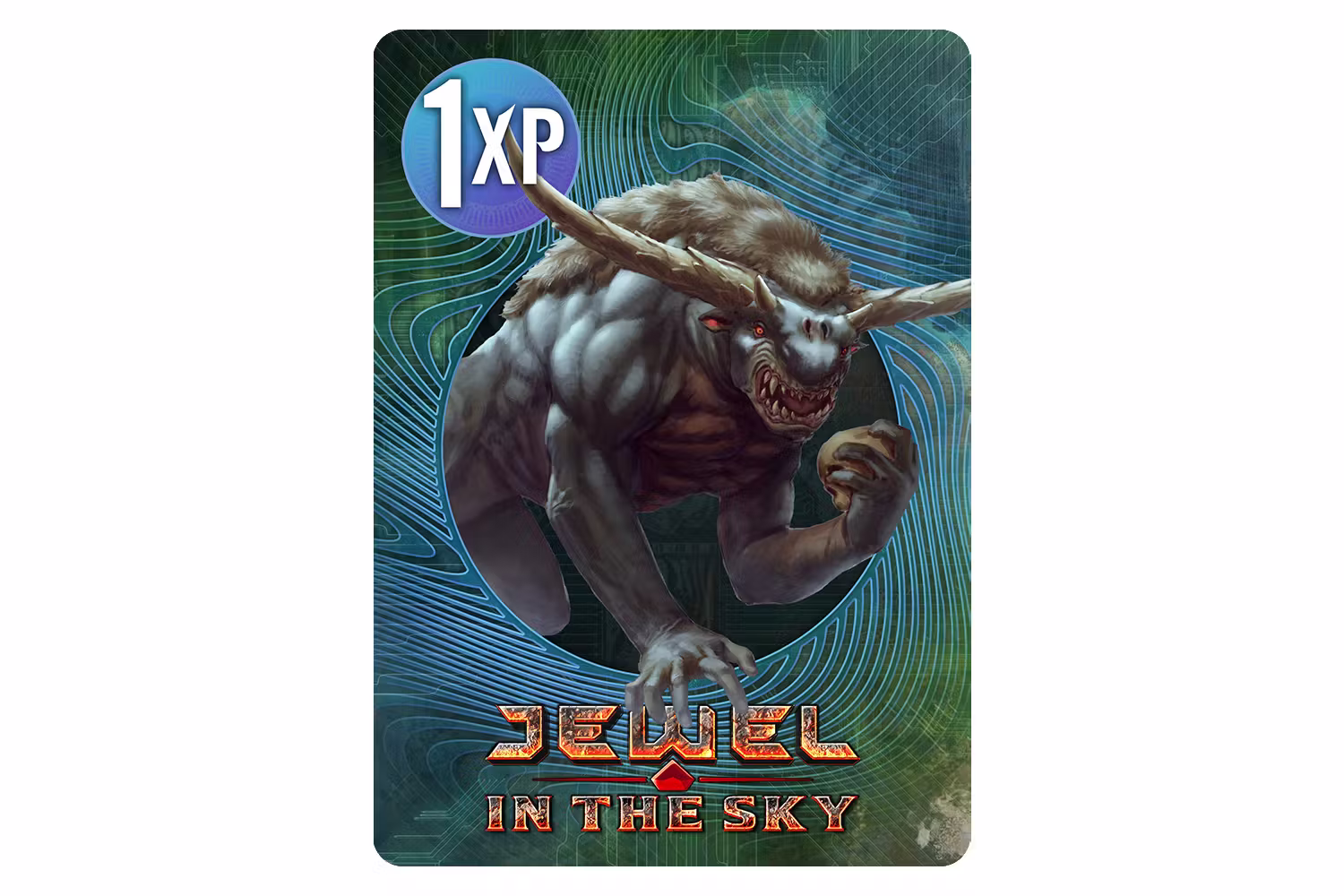 Mockup of a Cypher XP card featuring the Jewel in the Sky logo and an image of a monster with a bull-like head and horns, but human-like forelimbs ending in hands.
