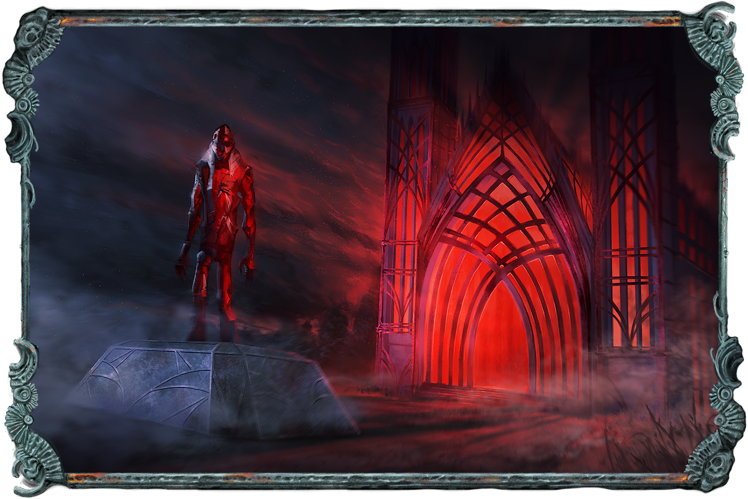 Illustration showing the ornate doorway and windows of a structure, from which an intense crimson glow emerges. In the foreground an armored figure or statue stands on a plinth.