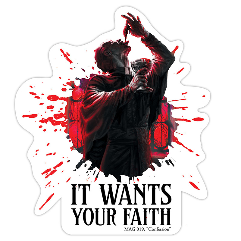 Mockup of a sticker showing priest devouring something unsavory, with the words "It wants your faith."
