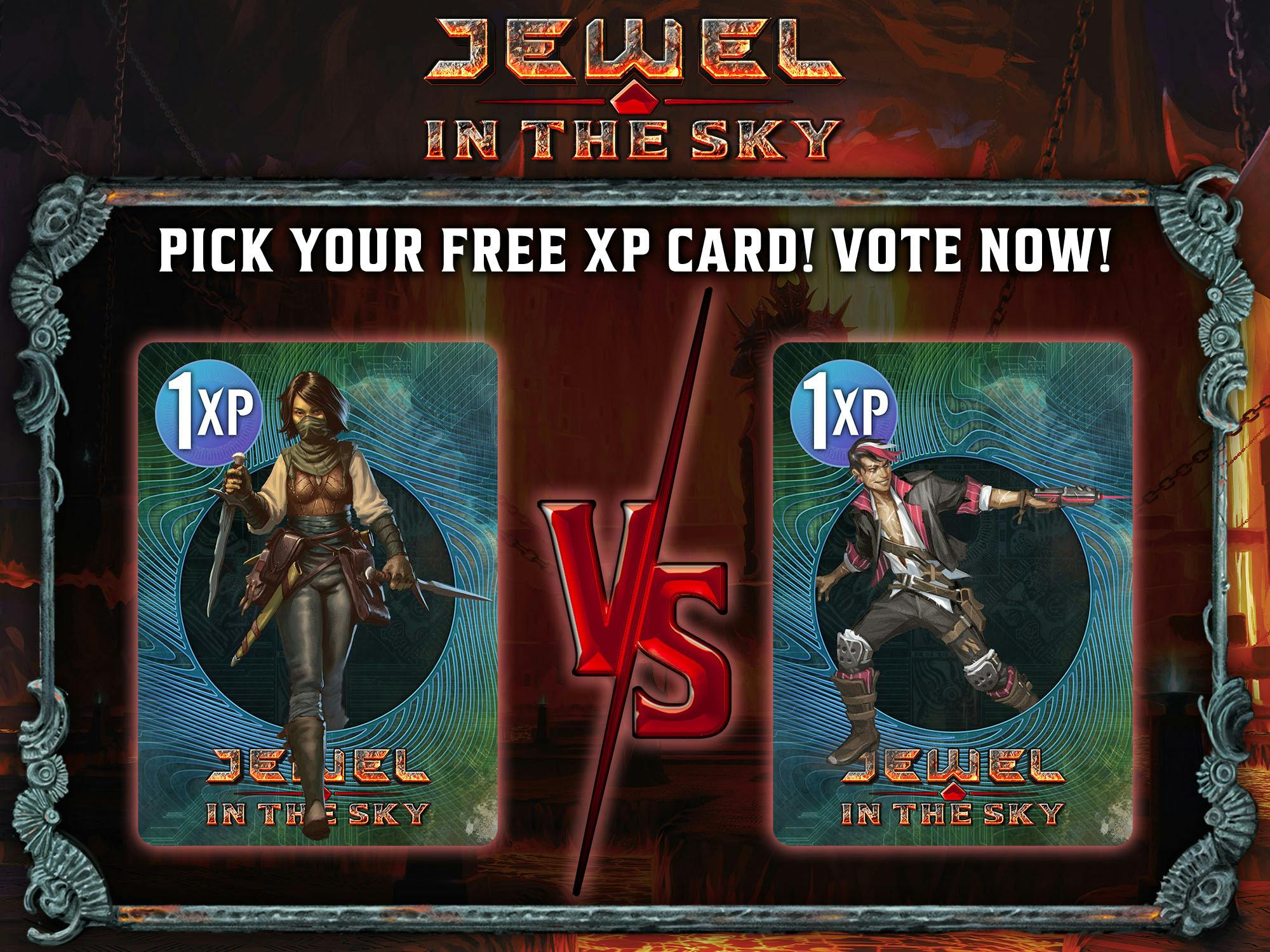 Image showing the Jewel in the Sky logo above two cards, with a "vs." between them and the text "Pick your free XP card! Vote now!" One card shows a roguish fantasy character with two long daggers, the other a roguish sci-fi character with a blaster.