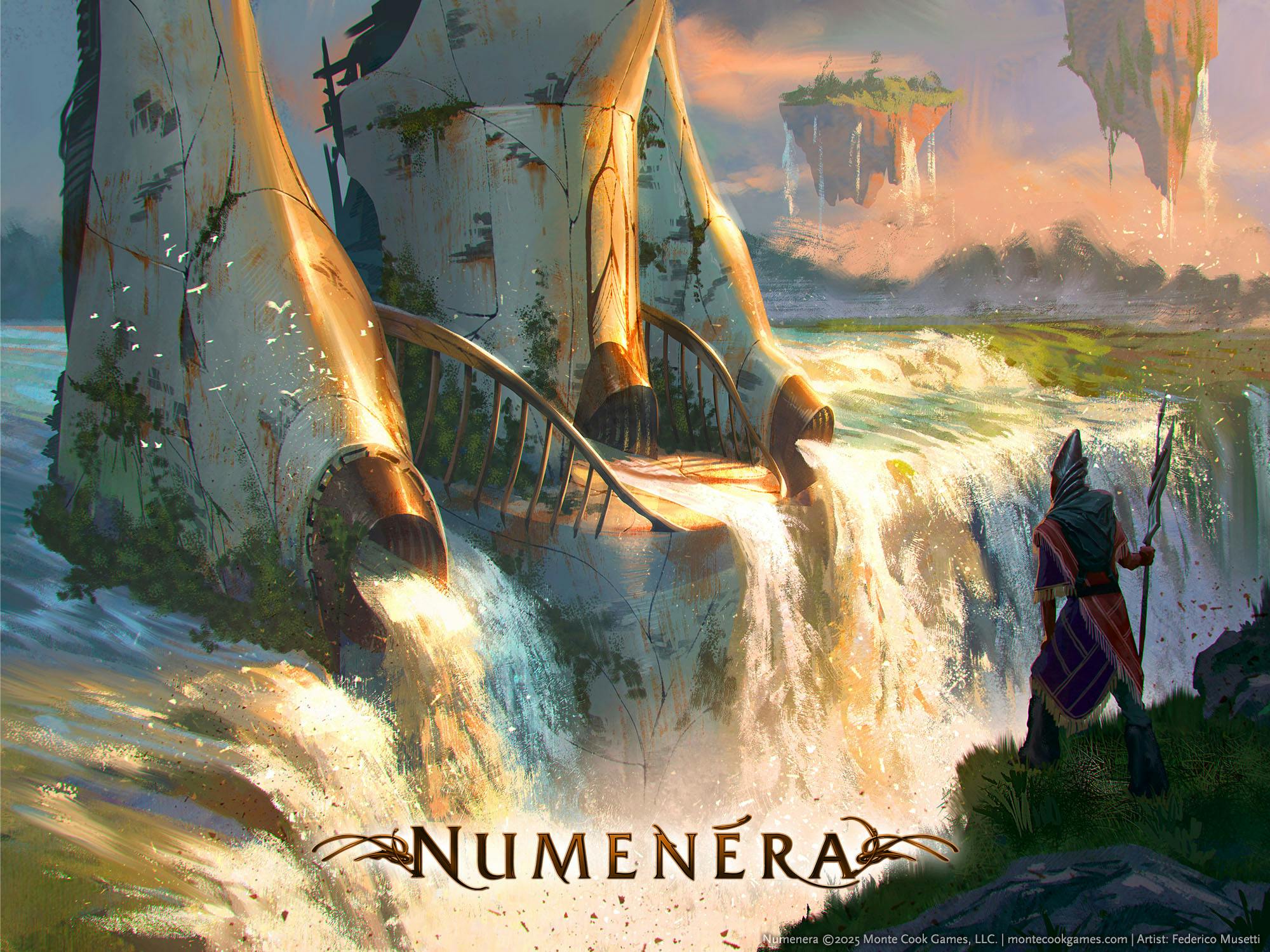 A watcher in a colorful tunic and tall headdress overlooks a roaring waterfall cascading around and through massive, ancient, foot-like ruins
