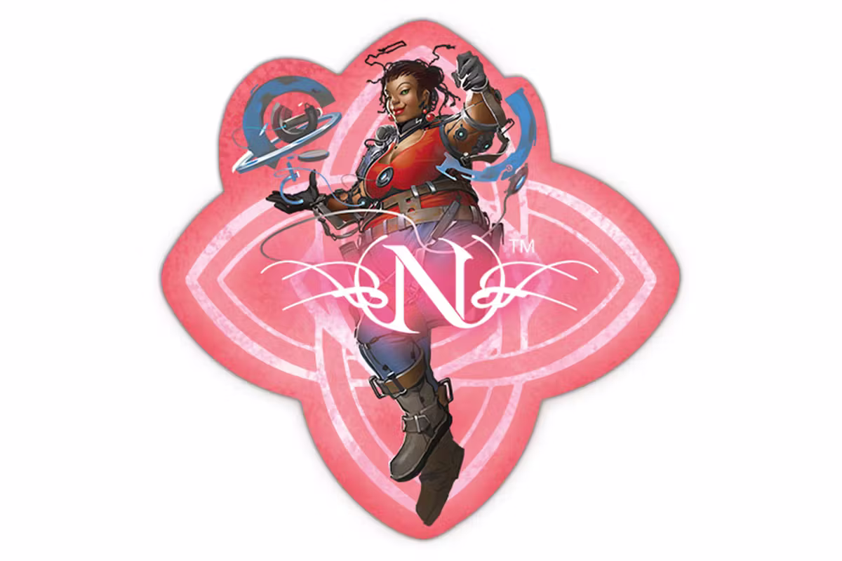 Mockup of a sticker showing a fantasy character wielding seemingly magical abilities, over the Order of Truth symbol and with a graphic "N" styled like the Numenera logo.