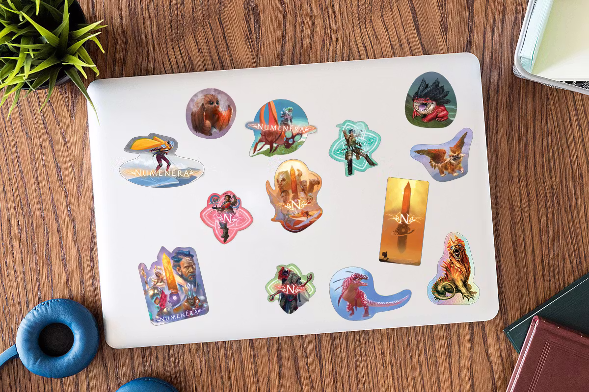 Mockup of a laptop with all the unlocked stickers on it.